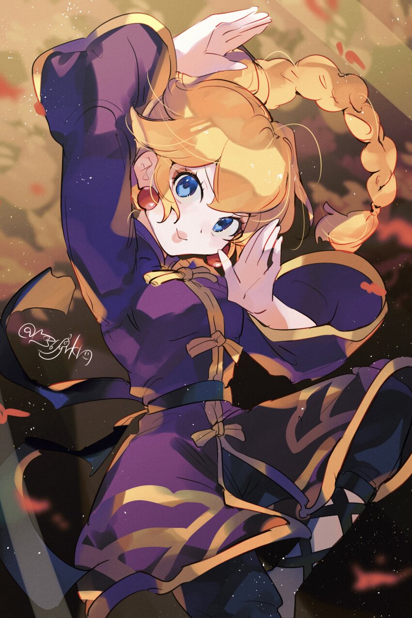 1girl absurdres blonde_hair blue_eyes braid braided_ponytail chinese_clothes earrings fighting_stance hair_ornament hanaon highres jewelry kung_fu kung_fu_peach long_hair looking_at_viewer mario_(series) martial_arts nintendo official_alternate_costume official_alternate_hairstyle princess_peach princess_peach:_showtime! smile solo sphere_earrings