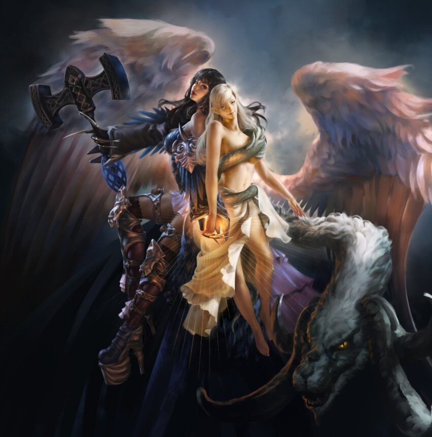 2girls alternate_costume alternate_hair_color back-to-back bare_legs bare_shoulders barefoot black_hair blonde_hair blue_eyes breasts corruption dark_persona dragon dual_persona evil_smile fangs feathered_wings final_fantasy final_fantasy_xiv fingernails floating formtheheadcom gaia_(ff14) glowing glowing_eyes hammer highres holding holding_hammer holding_hands horns hraesvelgr_(ff14) legs long_fingernails long_hair long_skirt looking_at_viewer midriff mitron_(ff14) multiple_girls navel official_alternate_costume official_alternate_hair_color platform_footwear platform_heels possessed possession ryne_waters sharp_fingernails shiva_(final_fantasy) skirt smile square_enix thighhighs topless_female wings