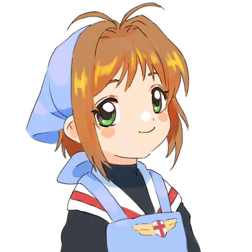 1girl antenna_hair apron blue_apron blue_headscarf blush_stickers brown_hair cardcaptor_sakura closed_mouth gan2 green_eyes hair_intakes headscarf highres kinomoto_sakura sailor_collar school_uniform short_hair simple_background smile solo tomoeda_elementary_school_uniform upper_body white_background white_sailor_collar