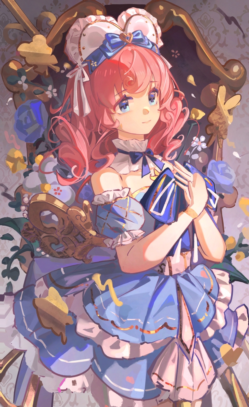 1girl absurdres bare_shoulders blue_bow blue_bowtie blue_choker blue_dress blue_eyes blue_flower blue_rose blue_sleeves bonnet bow bow_choker bowtie choker closed_mouth cowboy_shot detached_sleeves doll_joints dress drill_hair eyelashes floral_print flower fortissimo frilled_choker frilled_dress frilled_headwear frilled_sleeves frills grey_background hair_bow hair_ornament hair_ribbon hands_on_own_chest happy highres infinity_nikki joints lk_luke lolita_fashion looking_at_viewer mirror musical_note musical_note_hair_ornament nikki_(series) own_hands_together puffy_short_sleeves puffy_sleeves ribbon rose short_dress short_sleeves smile solo standing strapless strapless_dress timeless_melody_(infinity_nikki) treble_clef white_bonnet white_ribbon winding_key yellow_flower