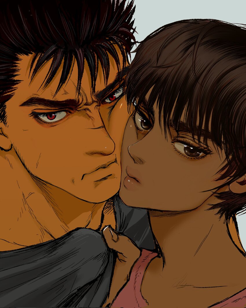 1boy 1girl berserk black_cloak black_hair brown_hair casca_(berserk) cheek-to-cheek cheek_press cloak dark-skinned_female dark_skin frown guts_(berserk) heads_together highres multiple_scars nisino2222 pink_shirt red_eyes scar scar_on_face shirt simple_background spiked_hair thick_eyebrows v-shaped_eyebrows white_background