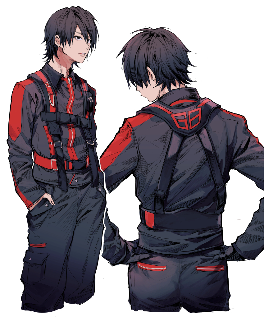 1boy absurdres black_gloves black_hair black_pants facing_away gloves hands_in_pockets highres ichiya1115 long_sleeves male_focus multicolored_clothes pants pocket red_buster sakurada_hiromu tokusatsu shirt short_hair solo super_sentai tokumei_sentai_go-busters