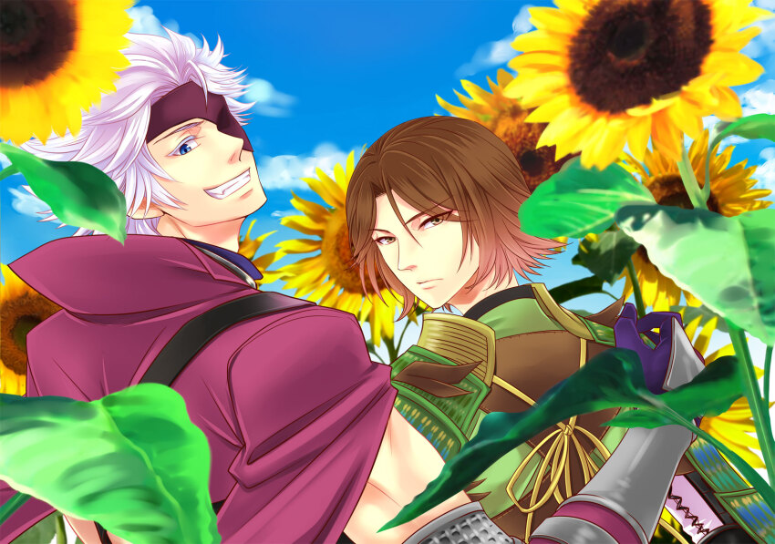 2boys brown_eyes brown_hair chousokabe_motochika_(sengoku_basara) cloud cloudy_sky colored_eyelashes eyepatch flower frown gloves grin highres jacket jacket_on_shoulders looking_at_viewer looking_back male_focus mouri_motonari_(sengoku_basara) multiple_boys murakami_nana no_headwear purple_gloves purple_jacket sengoku_basara short_hair sky smile sunflower white_hair