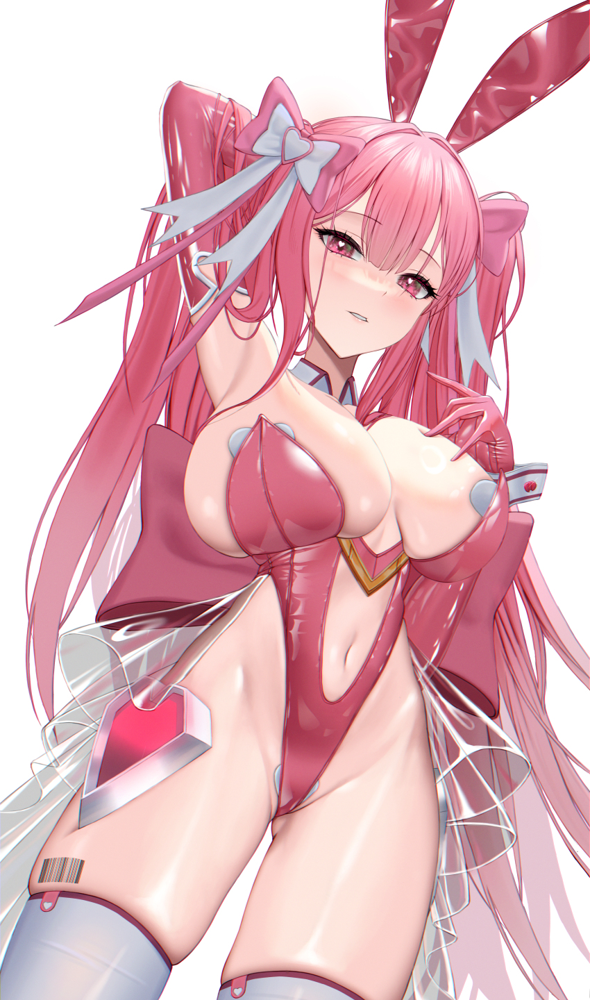 1girl absurdres angrycat_(tkuw2438) animal_ears arm_behind_head arm_up armpits barcode barcode_tattoo blush bow breasts collar collarbone commentary commission deep_skin detached_collar elbow_gloves english_commentary gloves groin hair_bow heart heart_in_eye highleg highleg_leotard highres large_breasts leg_tattoo leotard light_smile long_hair looking_at_viewer maebari navel original parted_lips pink_bow pink_eyes pink_gloves pink_hair pink_leotard playboy_bunny rabbit_ears see-through_clothes see-through_skirt shiny_skin simple_background skirt solo stomach strapless strapless_leotard symbol_in_eye tattoo thighhighs thighs twintails white_background white_bow white_collar white_pasties white_thighhighs white_wrist_cuffs wrist_cuffs