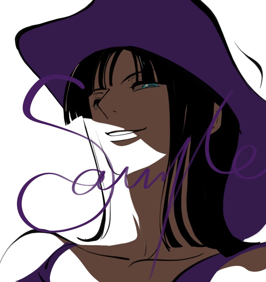 1girl black_hair blue_eyes blunt_bangs blunt_ends close-up cowboy_hat fengcheche from_below hat highres looking_at_viewer looking_down medium_hair nico_robin nico_robin_(whisky_peak) one_piece purple_hat purple_shirt sample_watermark shirt sidelocks sleeveless smile solo watermark white_background