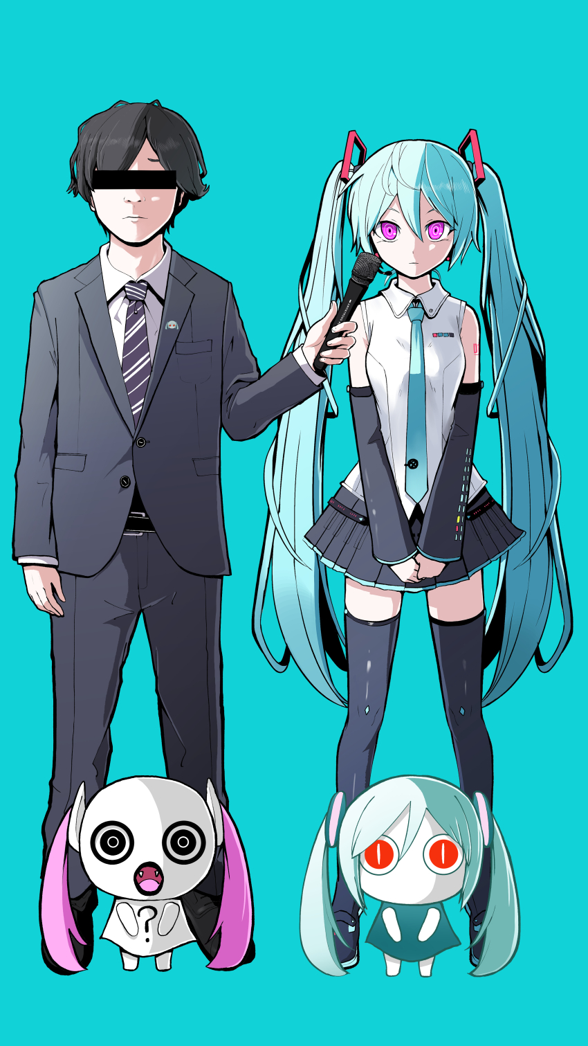 1boy 3girls ? absurdres aimaina tokumei_m_(vocaloid) aqua_background aqua_hair aqua_necktie aqua_shirt aqua_theme arufa_faru badge bar_censor bare_shoulders black_eyes black_hair black_lips black_skirt black_sleeves black_thighhighs censored censored_identity commentary creature detached_sleeves doushite-chan dress_pants expressionless facing_viewer fangs formal_clothes full_body hair_ornament hatsune_miku hatsune_miku_(vocaloid4) headphones headset highres holding holding_microphone interview jacket long_hair looking_at_viewer microphone miniskirt multiple_girls necktie no_mouth official_art open_mouth own_hands_together pink_eyes pink_hair pinocchio-p pleated_skirt red_eyes ringed_eyes shirt shoulder_tattoo skirt sleeveless sleeveless_shirt slit_pupils standing straight-on striped_necktie suit suit_jacket tattoo thighhighs tokumei_m_(vocaloid) twintails v4x very_long_hair vocaloid white_shirt zettai_ryouiki