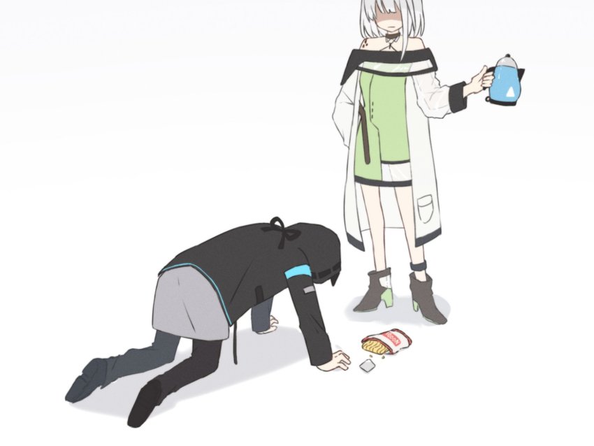 1girl 1other all_fours ambiguous_gender anklet arknights bare_shoulders black_footwear black_jacket black_pants boots brown_collar collar commentary criss-cross_halter doctor_(arknights) dress green_dress grey_hair halterneck hand_on_own_hip hand_up highres holding holding_kettle instant_noodle_block instant_ramen jacket jewelry kal&#039;tsit_(arknights) kettle long_sleeves material_growth nano_mochi no_eyes off-shoulder_dress off-shoulder_jacket off_shoulder open_clothes open_jacket oripathy_lesion_(arknights) pack_noodles pants shaded_face shadow short_hair standing symbol-only_commentary white_jacket
