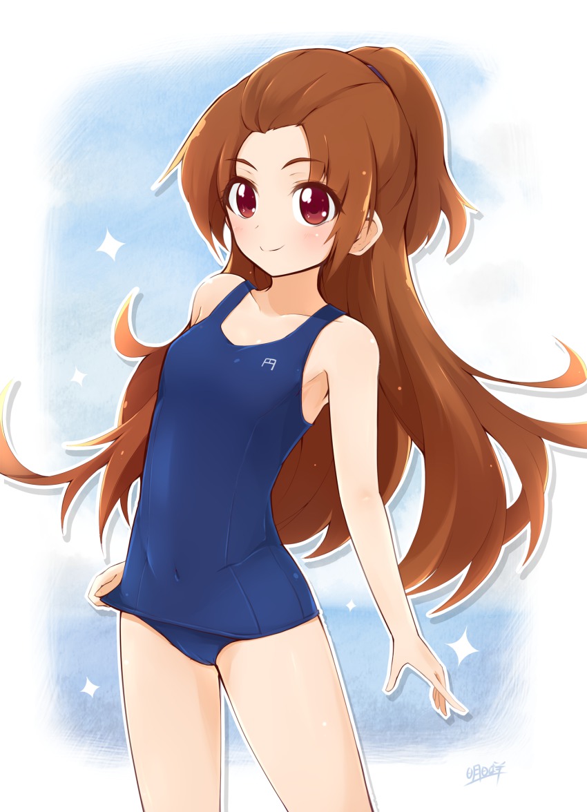 1girl ashita_wa_hitsuji brown_hair dokidoki!_precure highres long_hair madoka_aguri one-piece_swimsuit ponytail precure red_eyes school_swimsuit swimsuit