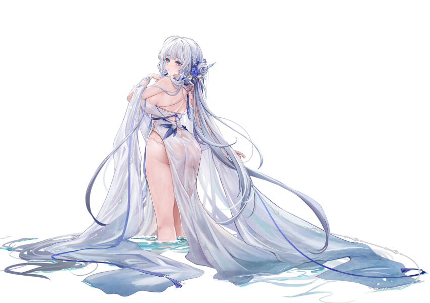 1girl absurdres ahoge alternate_costume ass azur_lane back banchiyuebai bare_shoulders blue_eyes blue_flower blush breasts closed_mouth commentary_request dress flower from_behind hair_flower hair_intakes hair_ornament highres illustrious_(azur_lane) kneepits large_breasts long_hair looking_at_viewer looking_back mole mole_under_eye see-through_clothes see-through_dress shawl simple_background smile solo standing tassel thighs very_long_hair wading wet wet_clothes wet_dress white_background white_dress white_hair white_shawl