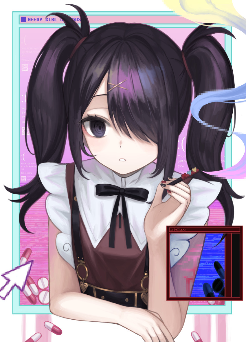 1girl absurdres ame-chan_(needy_girl_overdose) black_eyes black_hair black_nails black_ribbon cigarette copyright_name covered_eyes cursor error_message hair_ornament hair_over_one_eye highres holding holding_cigarette kkamkkam long_hair looking_at_viewer multicolored_nails nail_polish neck_ribbon needy_girl_overdose parted_lips pill red_nails red_shirt ribbon ringed_eyes shirt skirt smoke smoking solo suspender_skirt suspenders swept_bangs twintails upper_body window_(computing) x_hair_ornament