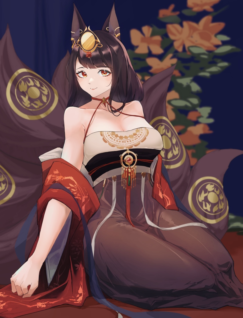 1girl absurdres akagi_(azur_lane) akagi_(dawn_phoenix&#039;s_summons)_(azur_lane) azur_lane bare_shoulders breasts brown_dress brown_tail cleavage dress highres japanese_clothes kimono kitsune kyuubi large_breasts multiple_tails nocturnal_melonpan official_alternate_costume open_clothes open_kimono red_kimono sitting sleeveless sleeveless_dress solo tail tail_ornament wide_sleeves