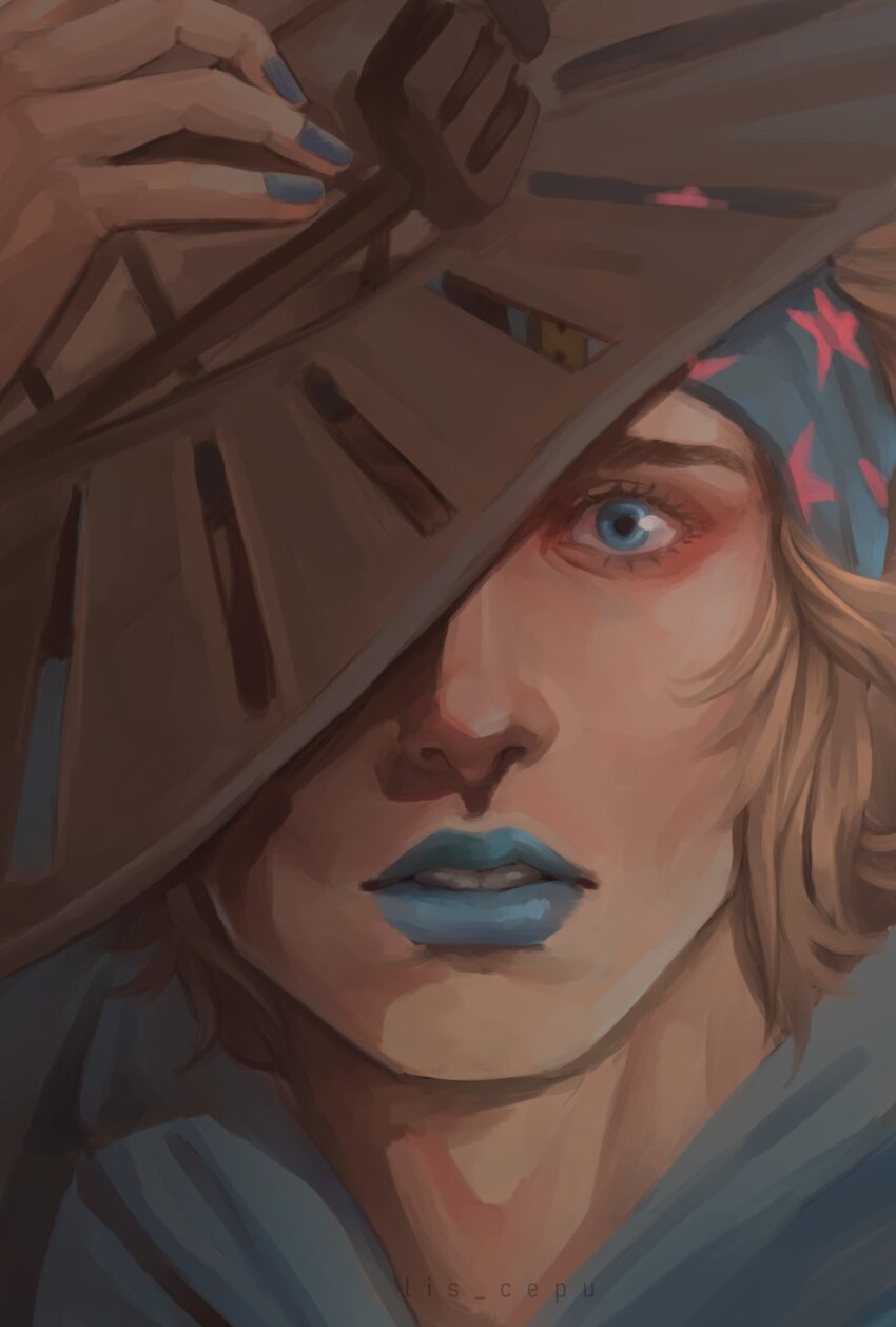 1boy beanie blue_eyes blue_hat blue_lips blue_nails brown_hair cowboy_hat goggles goggles_on_headwear hat highres johnny_joestar jojo_no_kimyou_na_bouken lis_cepu looking_at_viewer male_focus messy_hair parted_lips portrait solo star_(symbol) star_print steel_ball_run upper_body