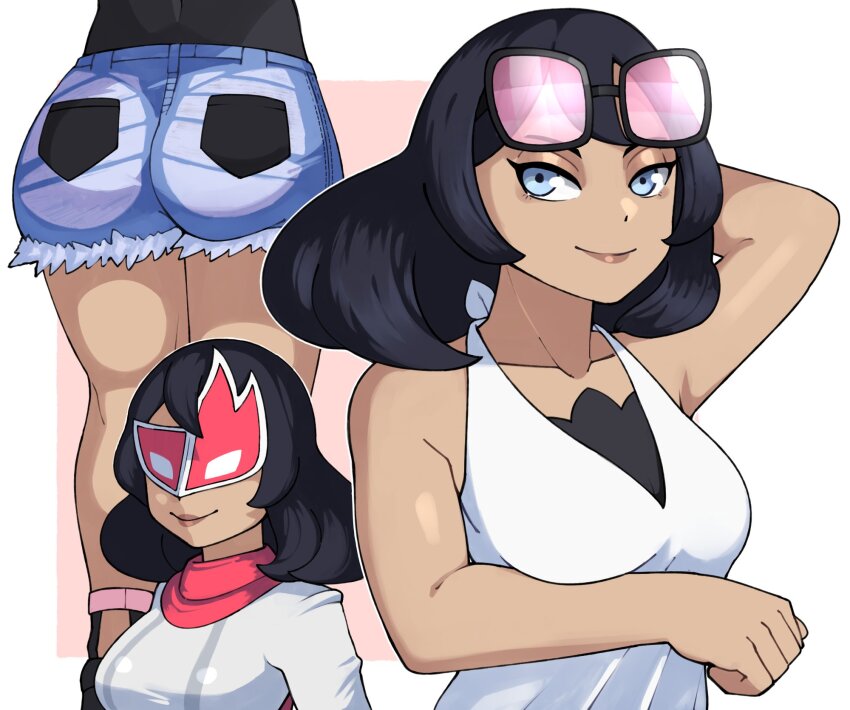 1girl arm_behind_head arm_under_breasts ass black_hair blue_eyes collarbone dark-skinned_female dark_skin denim denim_shorts eyewear_on_head highres looking_at_viewer mask multiple_views nintendo pokemon pokemon_sm pokemon_xy shorts sina_(pokemon) sunglasses sunglasses_on_head yamouri