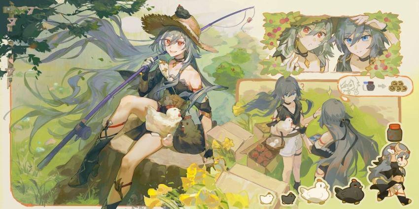 2girls ? animal animal_on_head bird bird_on_head black_boots black_choker black_ribbon black_shirt blue_eyes boots box chicken chinese_commentary choker coin commentary_request fishing_rod fu_hua fu_hua_(night_squire) fu_hua_(rustic_noir) hair_ribbon hat herrscher_of_sentience holding holding_fishing_rod honkai_(series) honkai_impact_3rd jar long_hair multiple_girls on_head open_mouth partial_commentary red_eyes ribbon shirt shorts sitting on_tree_stump sleeveless sleeveless_shirt smile very_long_hair white_shorts xiaoxiaoanye