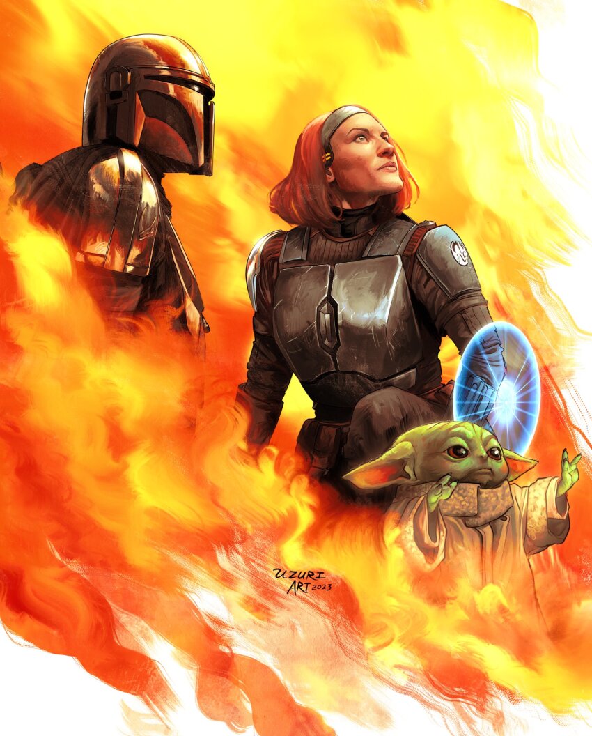 1girl 2boys alien armor artist_name bo-katan_kryze colored_skin din_djarin fire green_skin grogu highres large_ears looking_up mandalorian mandalorian_helmet multiple_boys orange_hair pointy_ears short_hair signature star_wars the_mandalorian uzuri_art