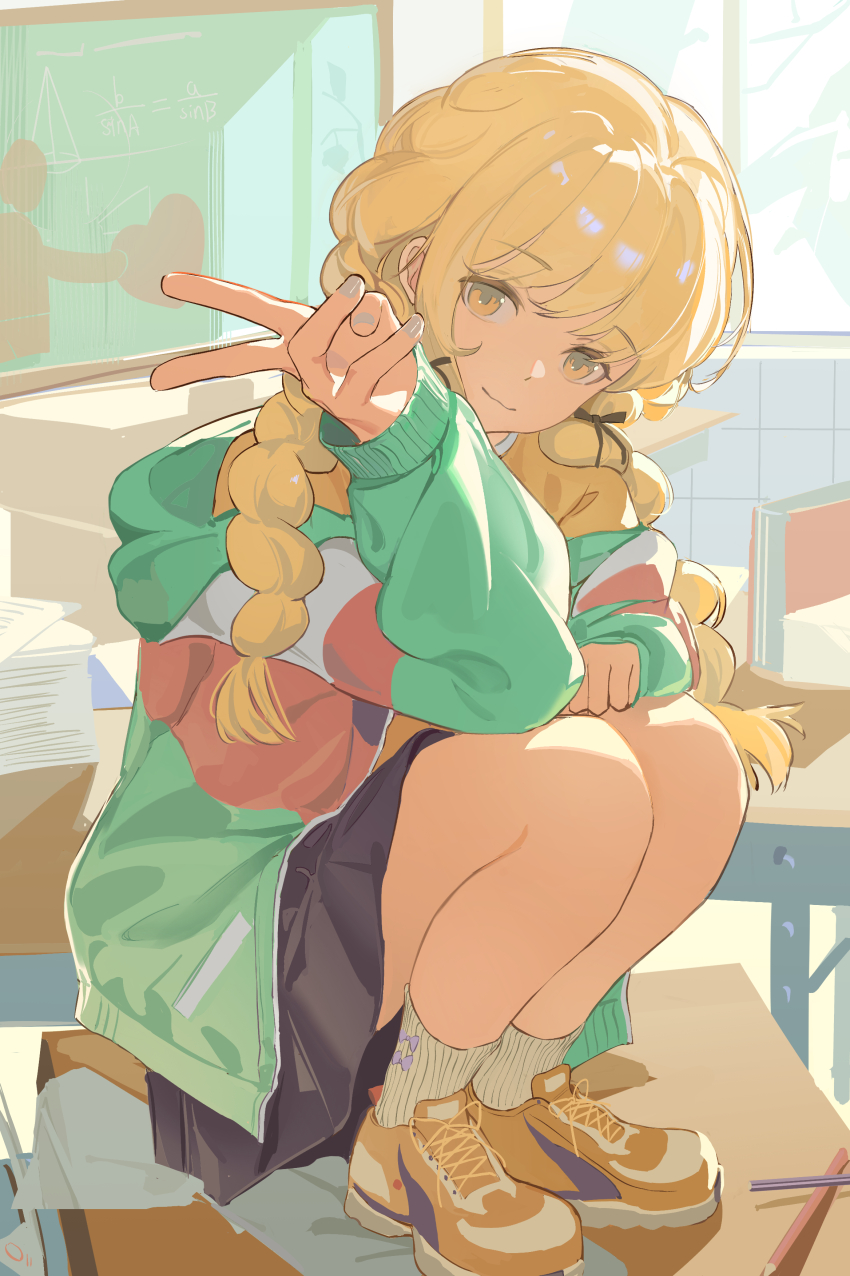 absurdres black_skirt blonde_hair braid chair classroom desk fujita_kotone gakuen_idolmaster highres idolmaster indoors jacket light_smile long_hair looking_at_viewer multicolored_jacket school_chair school_desk shoes skirt sneakers sokiu_(dongxiasokiu) squatting twin_braids v yellow_eyes yellow_shoes