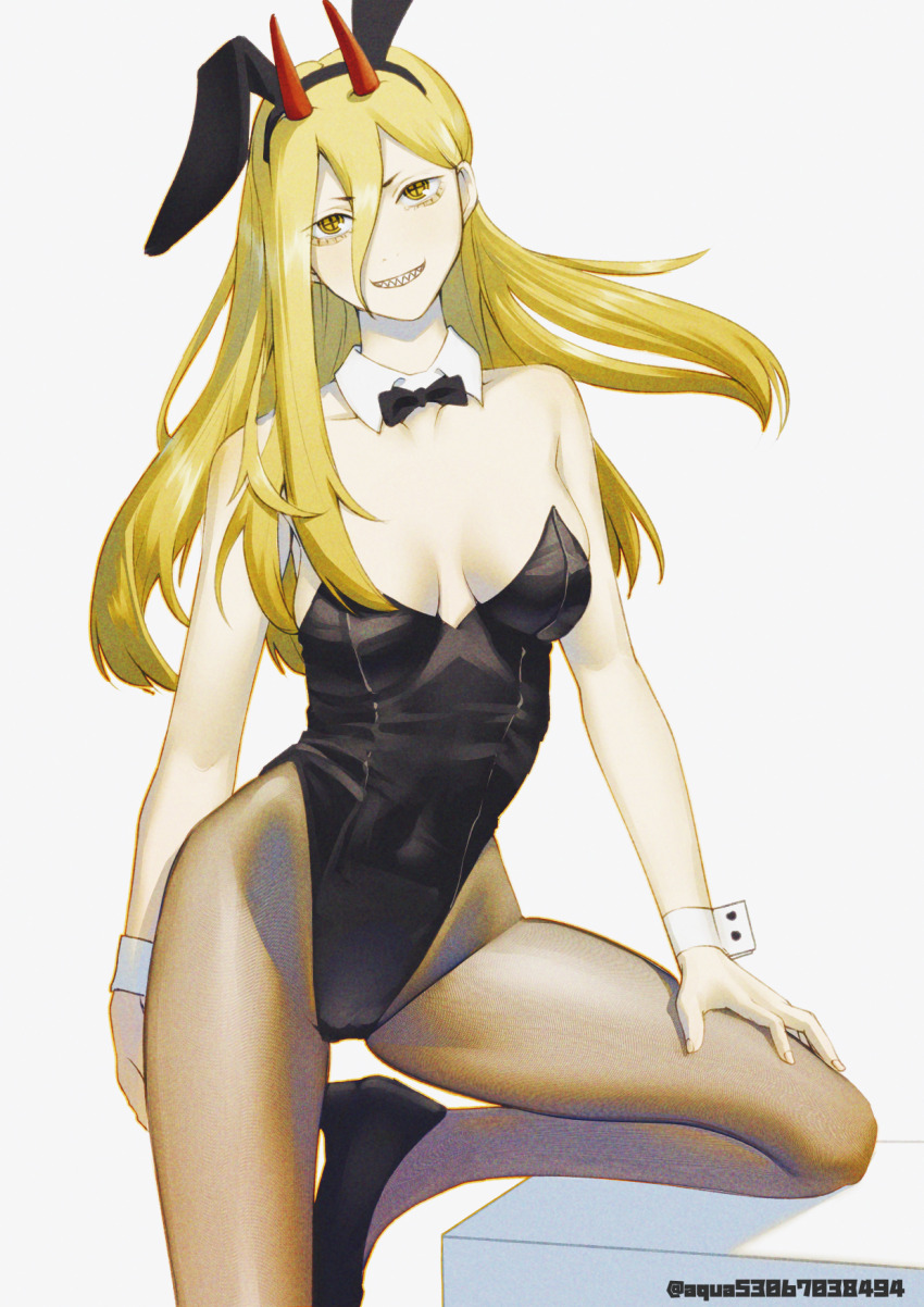 1girl animal_ear_hairband animal_ears black_bow black_bowtie black_leotard blonde_hair bow bowtie breasts chainsaw_man cross-shaped_pupils demon_girl demon_horns detached_collar fake_animal_ears grey_pantyhose grin hair_between_eyes hairband highleg highleg_leotard highres horns illust_aqua leotard looking_at_viewer medium_breasts pantyhose playboy_bunny power_(chainsaw_man) rabbit_ear_hairband rabbit_ears red_horns sharp_teeth simple_background smile solo strapless strapless_leotard symbol-shaped_pupils teeth white_background wrist_cuffs yellow_eyes