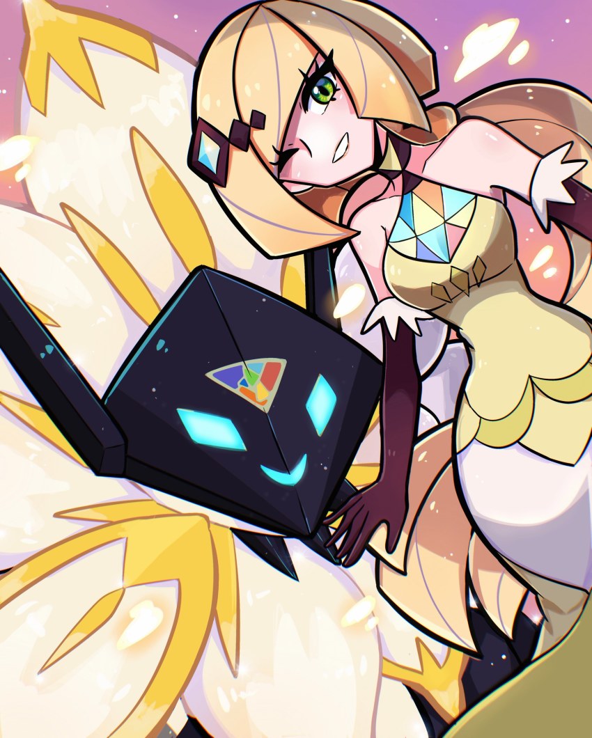 1girl bare_shoulders blonde_hair blunt_bangs breasts brown_gloves commentary dress elbow_gloves eyelashes gen_7_pokemon gloves green_eyes highres legendary_pokemon long_hair looking_at_viewer lusamine_(pokemon) lusamine_(sygna_suit)_(pokemon) necrozma necrozma_(dusk_mane) nintendo official_alternate_costume one_eye_closed pokemon pokemon_(creature) pokemon_masters_ex smile touyarokii yellow_dress