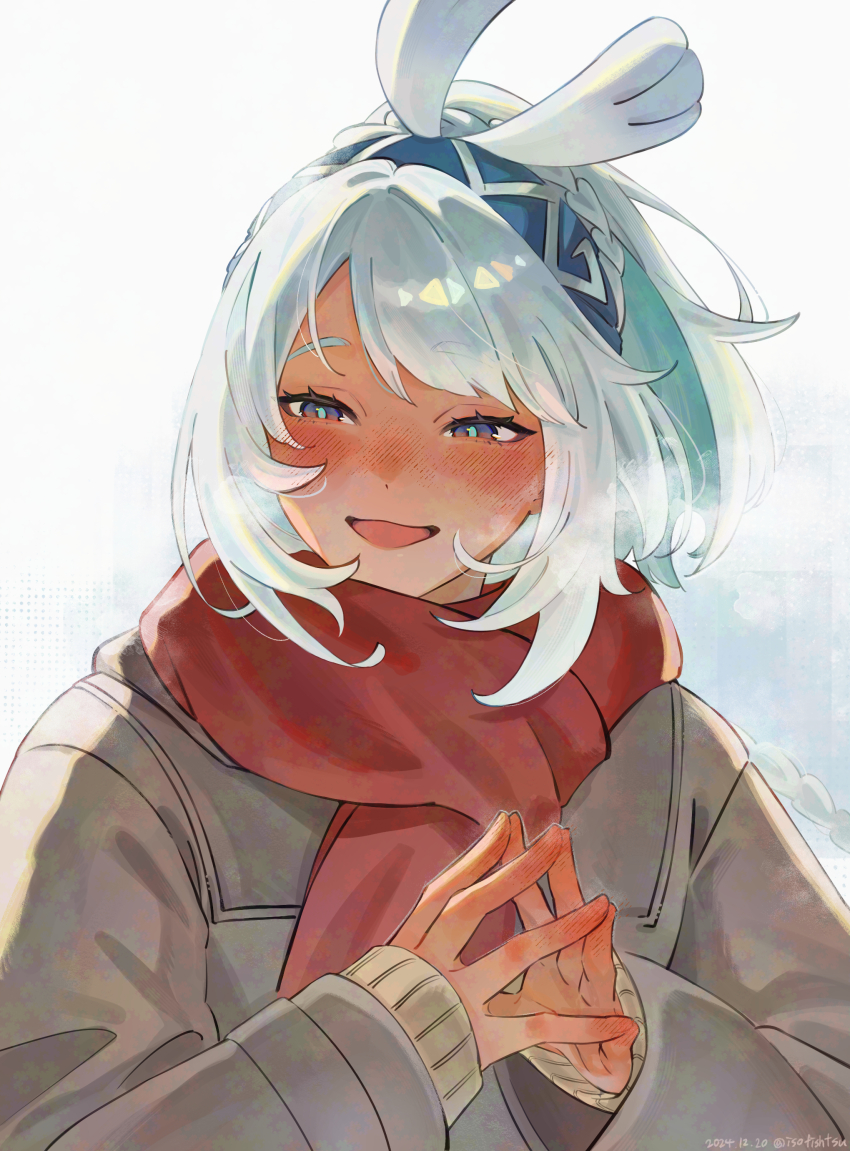 1girl absurdres alternate_costume blue_eyes blue_hairband blush breath coat dated genshin_impact grey_coat hairband half-closed_eyes highres isofishtsu long_sleeves mualani_(genshin_impact) open_mouth red_scarf scarf simple_background solo steepled_fingers twitter_username upper_body white_hair winter_clothes