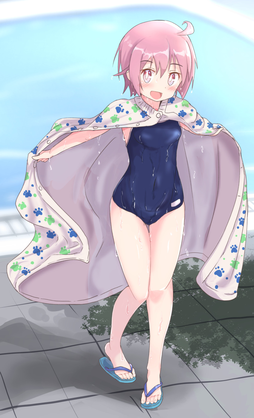1girl blue_one-piece_swimsuit breasts brown_eyes cape commentary_request full_body highres nonohara_yuzuko old_school_swimsuit one-piece_swimsuit outstretched_arms pink_hair pool poolside sandals school_swimsuit short_hair small_breasts smile solo swimsuit wet wet_clothes wet_swimsuit white_cape yuukin yuyushiki