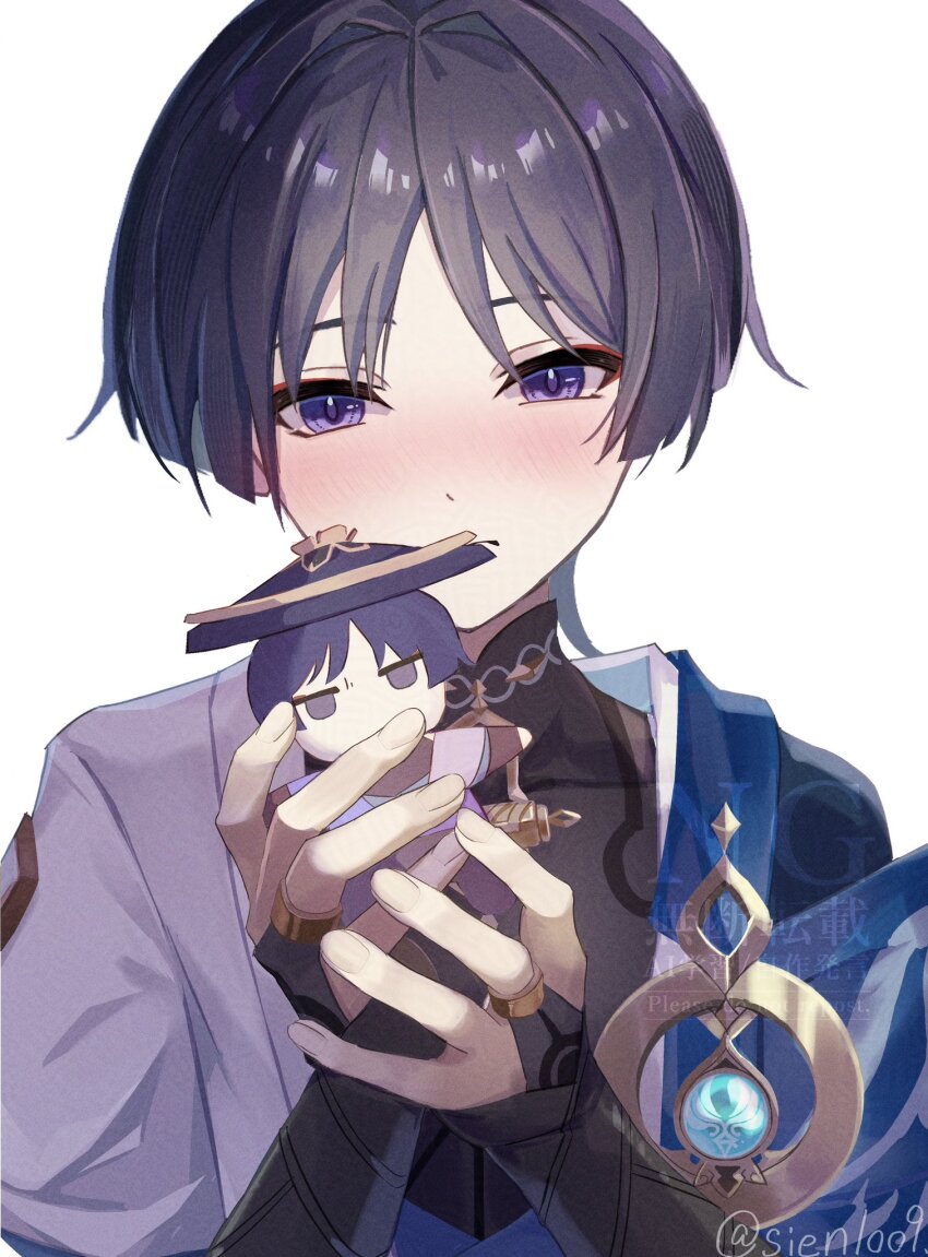 1boy anemo_symbol_(genshin_impact) armor black_bodysuit black_bridal_gauntlets black_hair blue_cape blue_gemstone blue_kimono blue_sleeves blunt_ends blush bodysuit bridal_gauntlets cape character_doll covered_collarbone eyeliner eyeshadow fingernails gem genshin_impact gold gold_ring hair_intakes han&#039;eri hands_up highres japanese_armor japanese_clothes kimono kote kurokote layered_kimono layered_sleeves looking_at_viewer makeup male_focus mandarin_collar middle_ring open_clothes open_kimono open_mouth purple_eyes purple_pupils red_eyeliner red_eyeshadow scaramouche_(genshin_impact) short_sleeves sien1009 solo straight-on tsurime twitter_username upper_body vision_(genshin_impact) wanderer_(genshin_impact) watermark white_background white_kimono white_sleeves white_trim