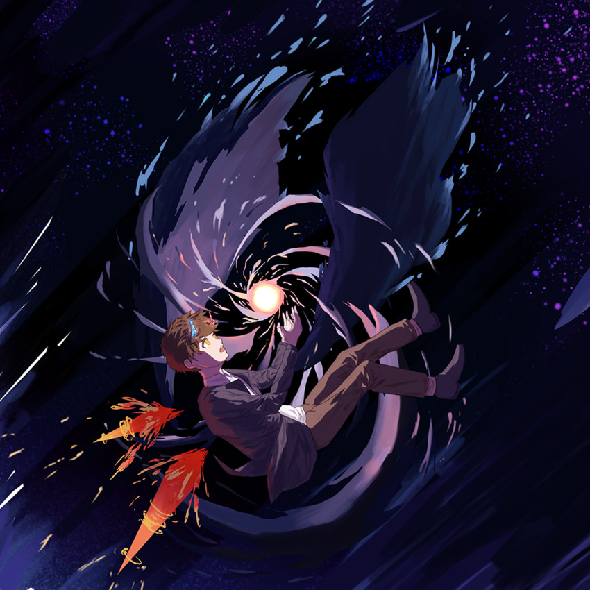 1boy asymmetrical_horns black_wings brown_pants glowing gradient_background highres holding_orb horns jacket kapxapius light_particles long_sleeves looking_at_object male_focus mismatched_horns orb original pants shirt shoes short_hair spikes tower_of_god twenty-fifth_bam white_shirt wings yellow_eyes