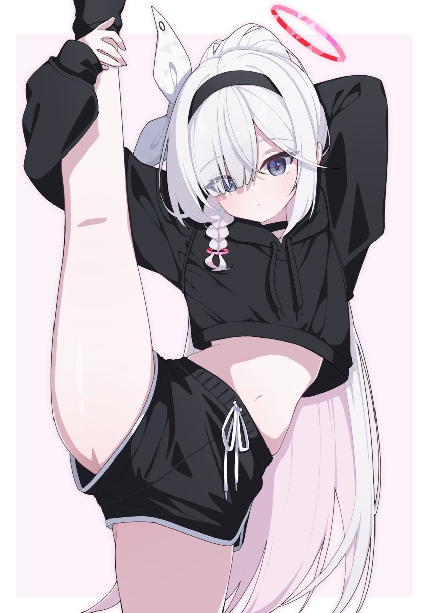 1girl alternate_costume alternate_hairstyle arms_up black_choker black_eyes black_hairband black_hoodie black_shorts black_socks blue_archive blush braid choker cinamon_(cinamori) closed_mouth colored_inner_hair commentary cropped_hoodie dolphin_shorts flexible hair_over_one_eye hair_ribbon hairband halo highres holding_own_leg hood hoodie leg_hold leg_lift leg_up loli long_hair long_sleeves looking_at_viewer midriff multicolored_hair navel pink_hair plana_(blue_archive) ponytail red_halo red_pupils ribbon short_shorts shorts simple_background single_braid socks solo split standing standing_on_one_leg standing_split very_long_hair white_hair