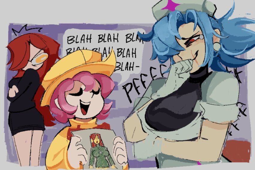 3girls crayon_drawing glaring gloves hat highres latex latex_gloves mayfrappe multiple_girls nurse nurse_cap paper parasoul_(skullgirls) raincoat skullgirls snicker stifled_laugh tagme umbrella umbrella_(skullgirls) valentine_(skullgirls)