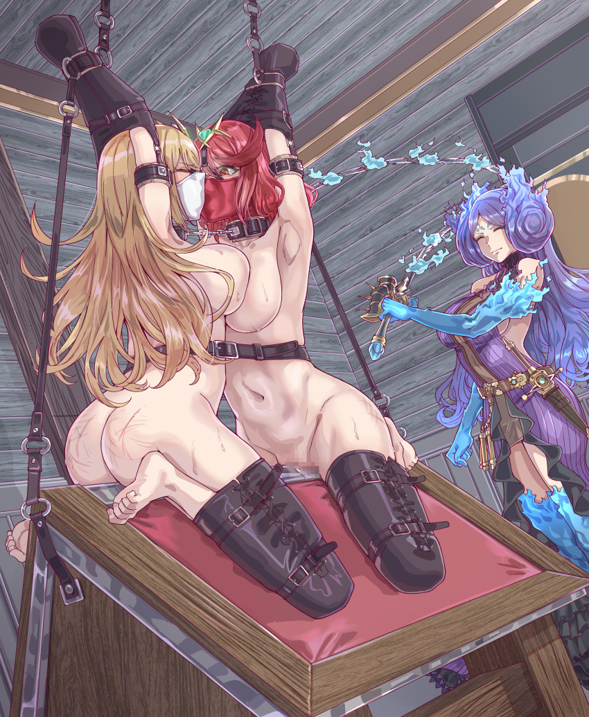 3girls absurdres arm_binder ass_smack bdsm blonde_hair bondage bound bound_together breast_press breasts brighid_(xenoblade) captured cloth_gag collar commentary_request dress femdom gag gagged highres improvised_gag indoors leveen long_hair multiple_girls mythra_(massive_melee)_(xenoblade) mythra_(xenoblade) nude over_the_nose_gag purple_dress purple_hair pyra_(xenoblade) red_eyes restrained shibari short_hair slave spanked spanking sweater sweater_dress tiara torture whipping wooden_horse xenoblade_chronicles_(series) xenoblade_chronicles_2 yuri