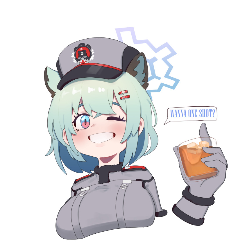 1girl absurdres alcohol animal_ears aqua_hair arca.live_(website) blue_archive blue_eyes breasts cup gloves grey_gloves halo hat highres large_breasts lulubelleiii multicolored_eyes one_eye_closed pink_eyes second-party_source shigure_(blue_archive) solo two-tone_eyes upper_body