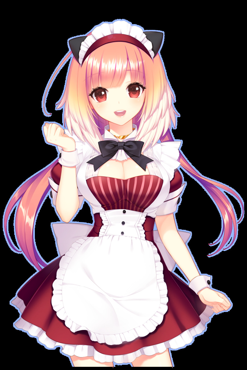 1girl apron breasts dress hand_up highres long_hair maid maid_apron maid_headdress medium_breasts official_art open_mouth pink_hair red_dress red_eyes selena_(soccer_spirits) shirahane_nao smile soccer_spirits transparent_background