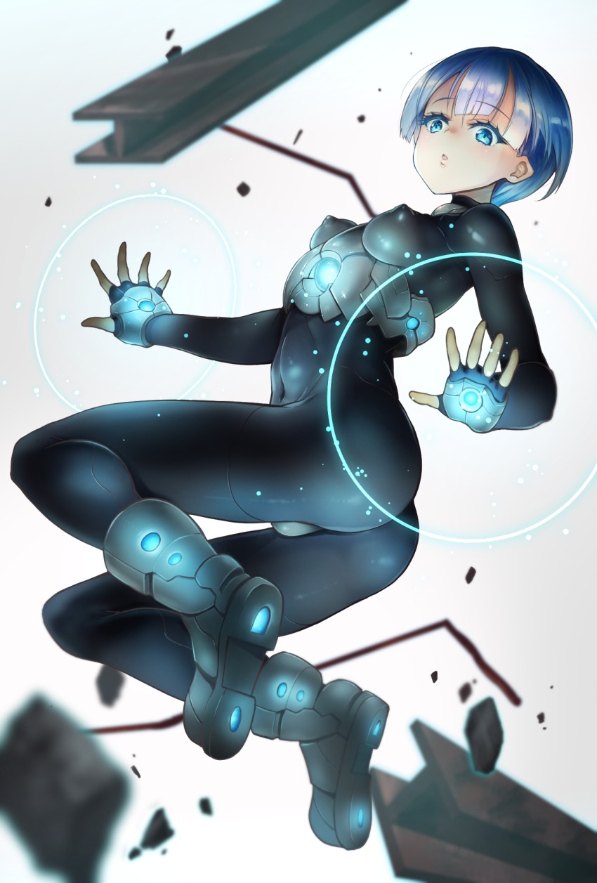 1girl :o ass bad_id bad_pixiv_id beam blue_eyes blue_hair bodysuit boots breasts covered_erect_nipples covered_navel debris female_focus flying full_body highres kuzu_(miduhana) looking_at_viewer looking_back medium_breasts original short_hair skin_tight solo