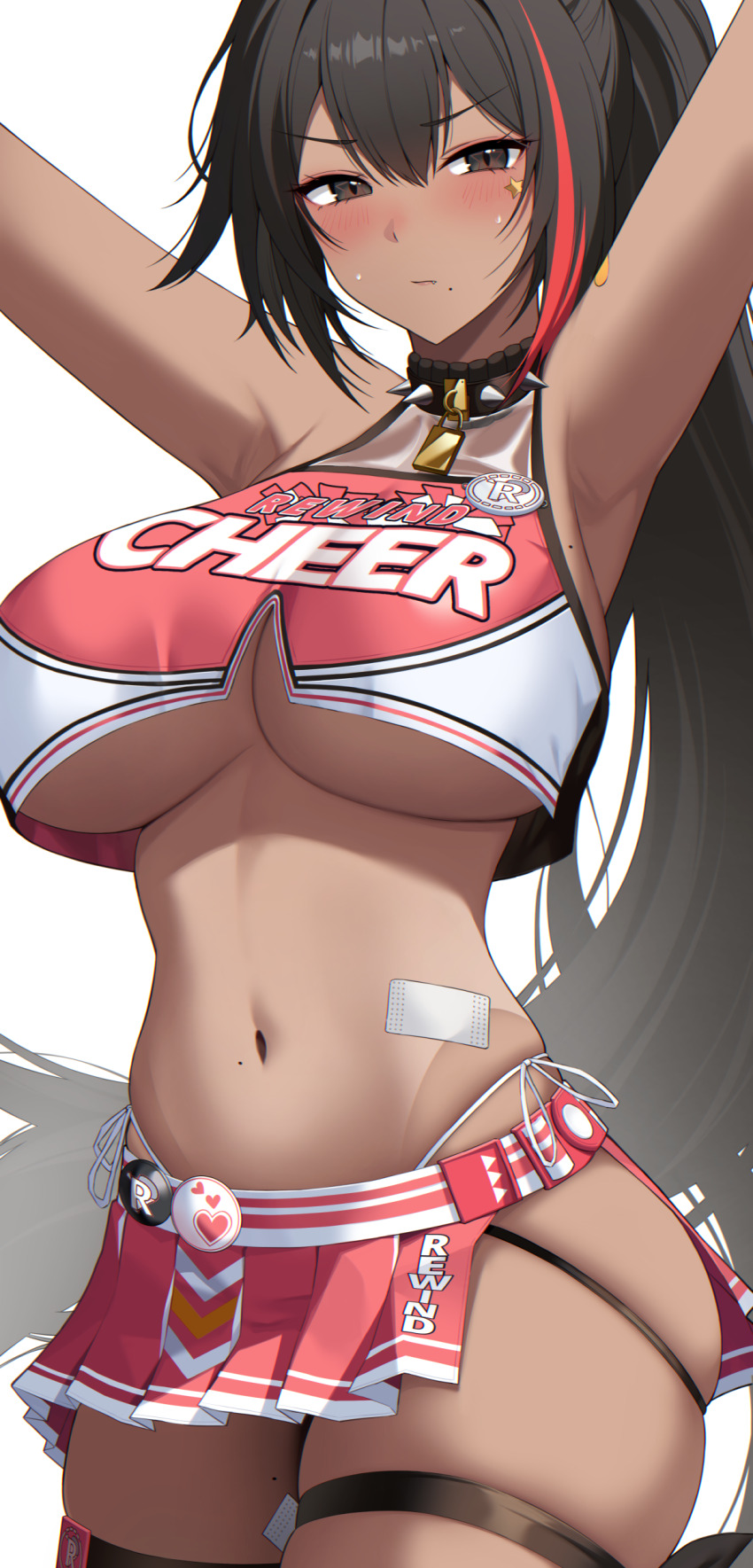 1girl absurdres armpits arms_up bandaid bandaid_on_arm bandaid_on_stomach bandaid_on_thigh bare_shoulders bay_(nikke) black_hair blush breasts brown_eyes cheerleader closed_mouth clothes_writing clothing_cutout collar commentary cowboy_shot crop_top cropped_shirt dark-skinned_female dark_skin goddess_of_victory:_nikke hair_between_eyes highres large_breasts lock long_hair looking_at_viewer mole mole_on_breast mole_on_stomach mole_on_thigh mole_under_mouth multicolored_hair navel padlock padlocked_collar panties pleated_skirt ponytail red_shirt red_skirt revision shirt side-tie_panties side_cutout sidelocks simple_background skindentation skirt sleeveless sleeveless_shirt solo spiked_collar spikes standing star_(symbol) star_in_eye star_sticker sticker_on_face stomach streaked_hair sweat symbol_in_eye thigh_strap two-tone_hair two-tone_skirt underboob underwear white_background white_panties ziroqon