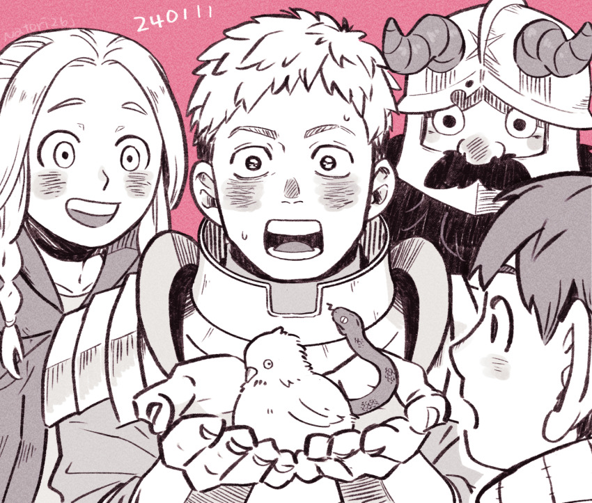 1girl 3boys :d :o animal armor awestruck baby_animal basilisk beard bird blush braid capelet chick chilchuck_tims commentary cupping_hands dungeon_meshi dwarf elf english_commentary facial_hair fake_horns gorget greyscale_with_colored_background halfling helmet highres holding holding_animal horned_helmet horns laios_touden long_beard long_hair marcille_donato multiple_boys mustache neck_warmer open_mouth own_hands_together parted_bangs pauldrons pink_background plate_armor pointy_ears senshi_(dungeon_meshi) short_hair shoulder_armor side_braids signature smile snake_tail sweat tail tamaki26j