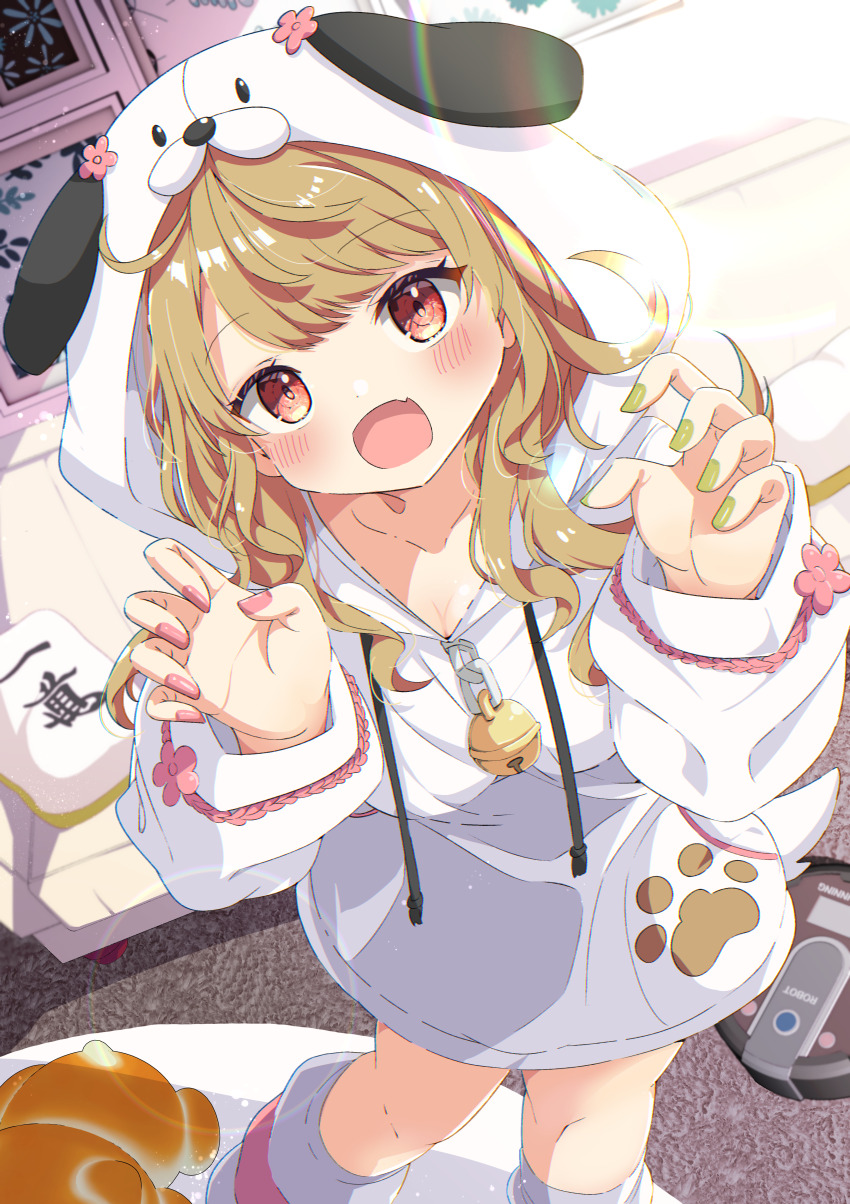 1girl :d absurdres animal_ears animal_hood bell blonde_hair blush breasts claw_pose collarbone commission dog_ears fang food green_nails highres hood hood_up hoodie indoors jingle_bell long_hair long_sleeves looking_at_viewer multicolored_nails nail_polish open_mouth original paw_print pink_nails red_eyes shiro9jira skeb_commission skin_fang smile socks solo standing table virtual_youtuber white_hoodie