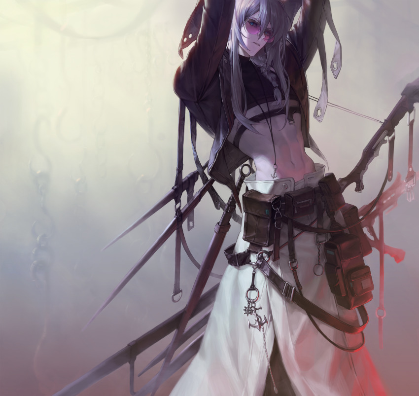 1boy abs absurdres anchor_necklace arms_up belt black_belt black_jacket black_shirt blue_eyes braid capelet commentary cowboy_shot cropped_shirt english_commentary fog grey_background hair_between_eyes highres hook jacket jewelry leather leather_jacket long_hair looking_at_viewer male_focus navel necklace open_clothes open_jacket original packet parted_lips pink-tinted_eyewear purple_hair ship&#039;s_wheel_ornament shirt sidelocks solo stomach sunglasses sword tinted_eyewear ven0305 weapon white_capelet zipper