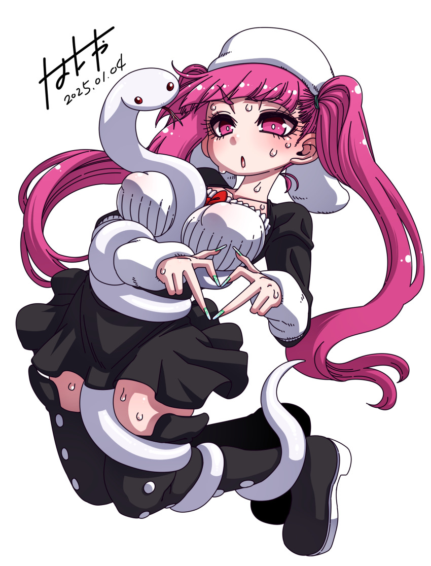 1girl 2025 :o alternate_breast_size between_legs bleach blush breasts breasts_squeezed_together chinese_zodiac dokugamine_riruka dress embarrassed female_focus fingernails full_body green_nails hanya_(hanya_yashiki) hat heart heart_hands highres large_breasts long_fingernails long_hair looking_at_viewer nail_polish purple_eyes purple_hair simple_background snake solo sweat twintails very_long_hair white_background wide_hips year_of_the_snake