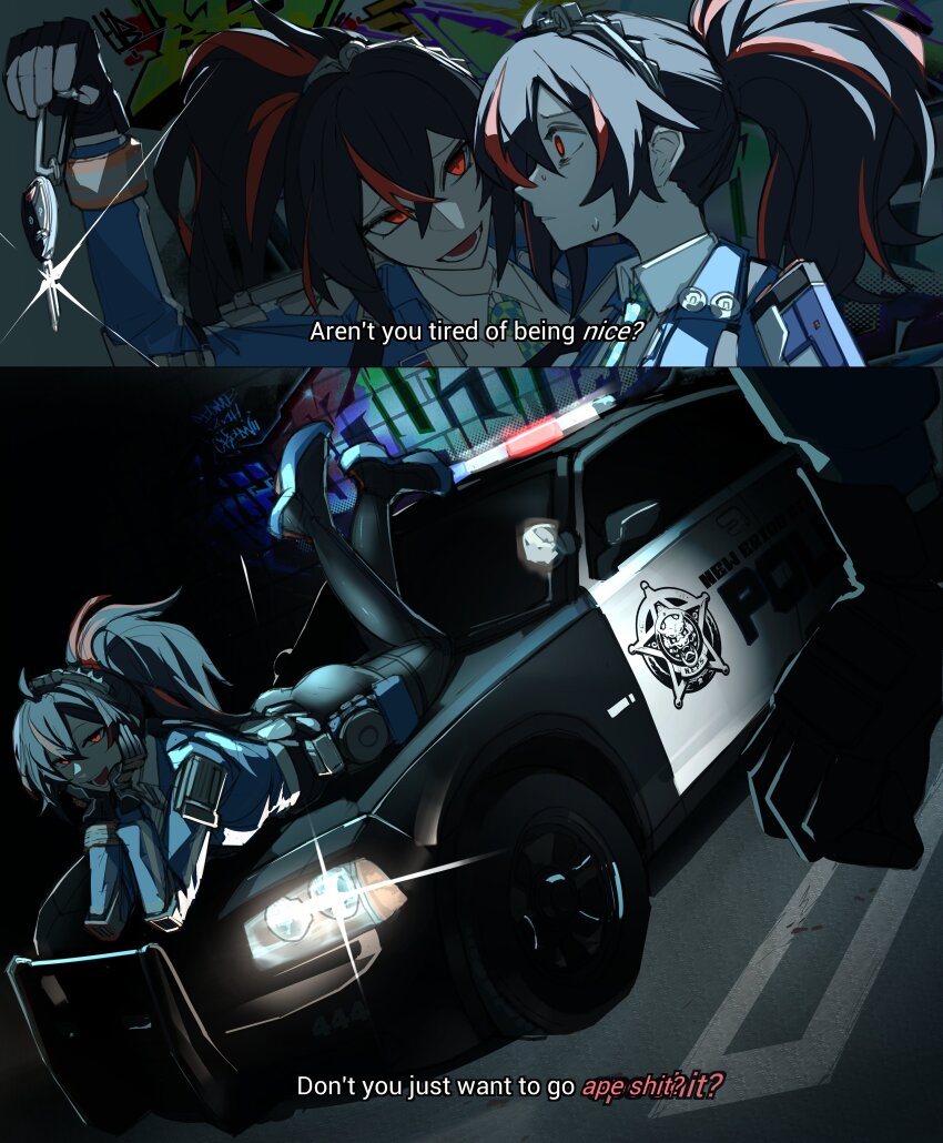 2girls 2koma :d absurdres ass black_hair black_pants blue_jacket car car_keys comic dark_persona dodge_(company) dodge_charger dodge_charger_(6th_generation) dual_persona english_text heartbreak_juan highres holding holding_key jacket key leggings long_hair lying motor_vehicle multicolored_hair multiple_girls muscle_car on_stomach open_mouth pants police police_car police_uniform policewoman ponytail profanity red_eyes red_hair smile streaked_hair the_pose zenless_zone_zero zhu_yuan