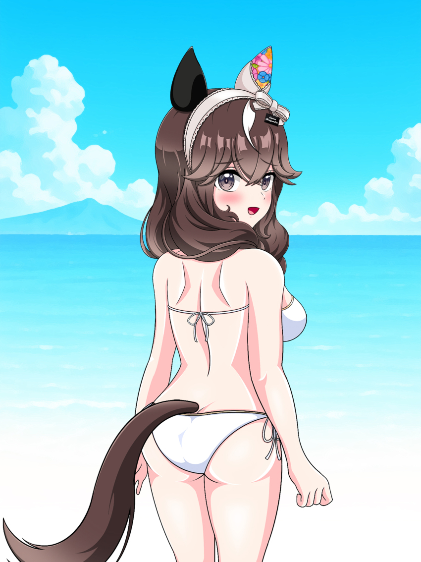 1girl absurdres animal_ears ass ball beachball braid breasts brown_eyes brown_hair cloud commentary_request curren_bouquetd&#039;or_(umamusume) highres horse_ears horse_girl horse_tail long_hair looking_at_viewer medium_breasts ocean open_mouth solo sweetbubble swimsuit tail umamusume