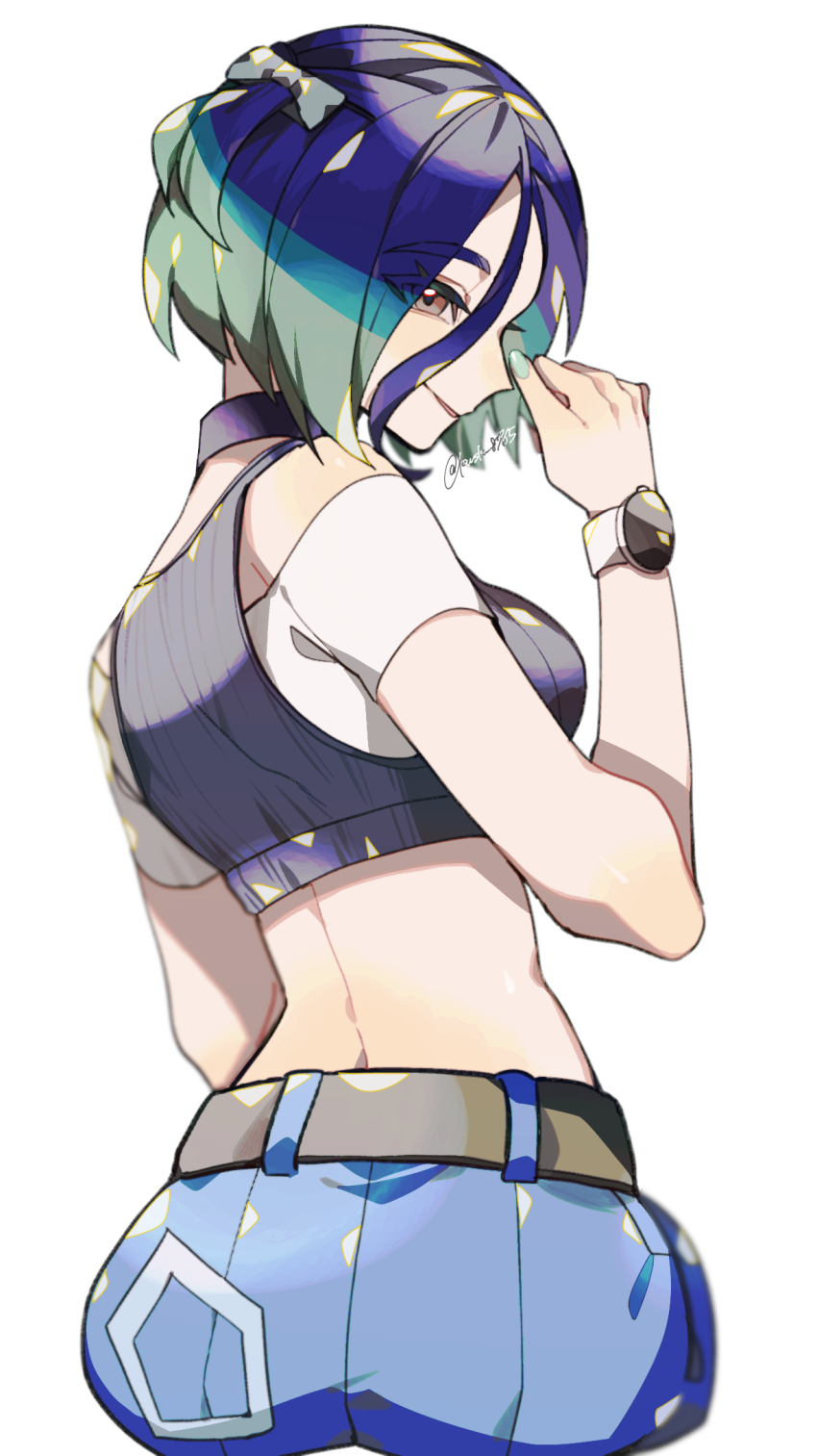 1girl ass belt black_choker blue_hair blue_pants breasts brown_belt brown_eyes choker dark_blue_hair eyes_visible_through_hair fingernails from_behind green_hair green_nails grey_sports_bra hand_up highres kawasaki_(kwsk_8765) looking_at_viewer medium_breasts multicolored_hair nail_polish nintendo open_mouth pants perrin_(pokemon) pokemon pokemon_sv short_hair simple_background sitting smile solo sports_bra twitter_username white_background wide_hips