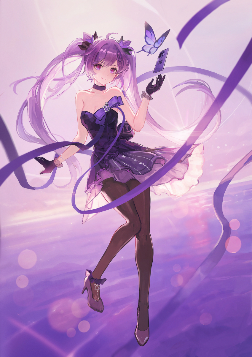 1girl absurdres bare_shoulders black_bow black_gloves black_pantyhose bow breasts bug butterfly choker cleavage closed_mouth dress dutch_angle floating_hair frilled_gloves frills full_body genshin_impact gloves hair_bow high_heels highres insect keqing_(genshin_impact) keqing_(oneplus)_(genshin_impact) kongmingbubu layered_dress lens_flare long_hair looking_at_viewer medium_breasts pantyhose pumps purple_choker purple_dress purple_footwear purple_hair purple_ribbon red_eyes ribbon short_dress smile solo strapless strapless_dress twintails very_long_hair