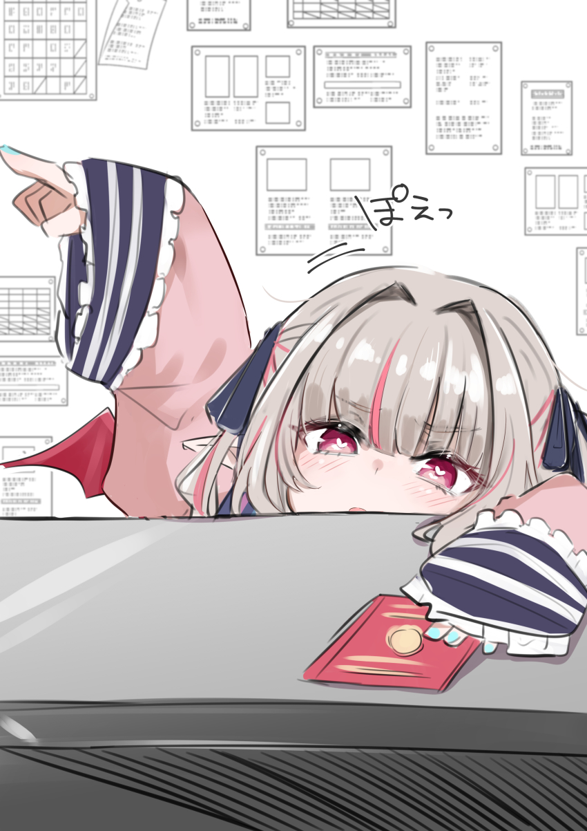 1girl absurdres blue_nails blue_ribbon blush child commentary_request fingernails grey_hair hair_ribbon heart heart-shaped_pupils highres jacket long_sleeves looking_at_viewer makaino_ririmu makaino_ririmu_(4th_costume) multicolored_hair nail_polish nijisanji parted_lips pink_eyes pink_jacket pointing pointing_to_the_side ribbon sleeves_past_wrists solo streaked_hair symbol-shaped_pupils too_short translation_request utsusumi_kio virtual_youtuber