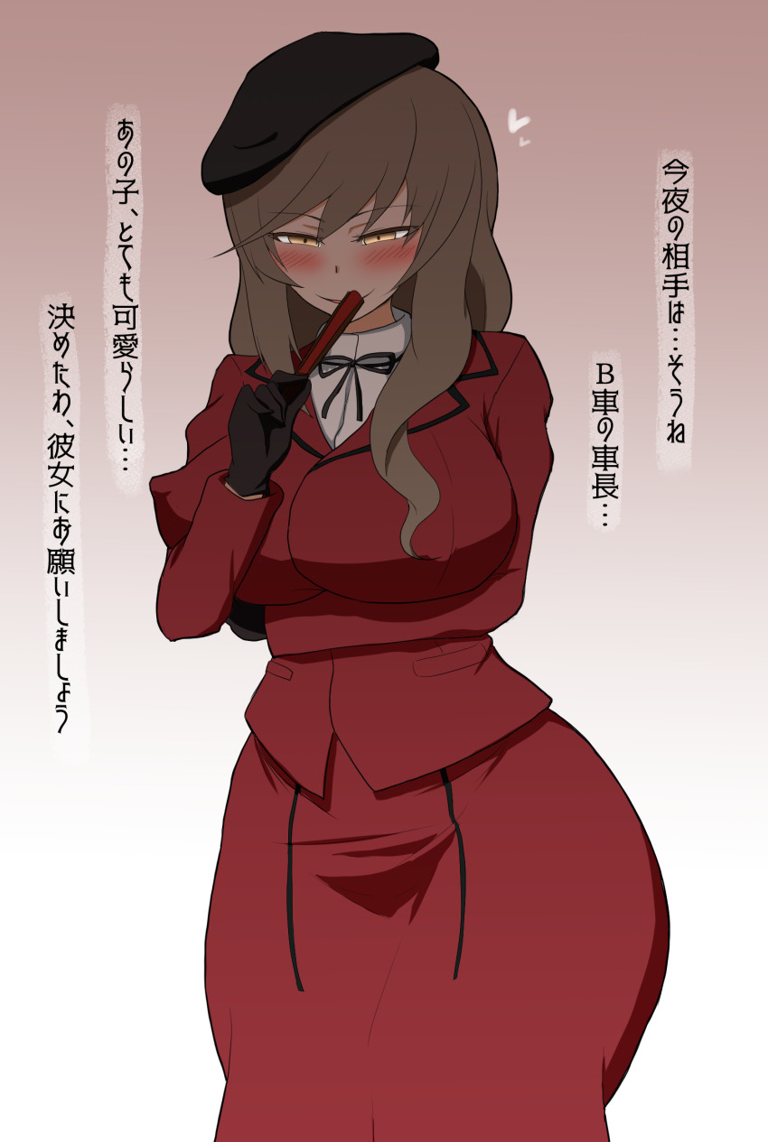 1girl arm_under_breasts beret blush breasts brown_eyes brown_hair cube_(huidama) formal_clothes girls_und_panzer gloves hat highres huge_breasts jacket long_hair looking_at_viewer mature_female shimada_chiyo skirt skirt_suit solo suit translation_request