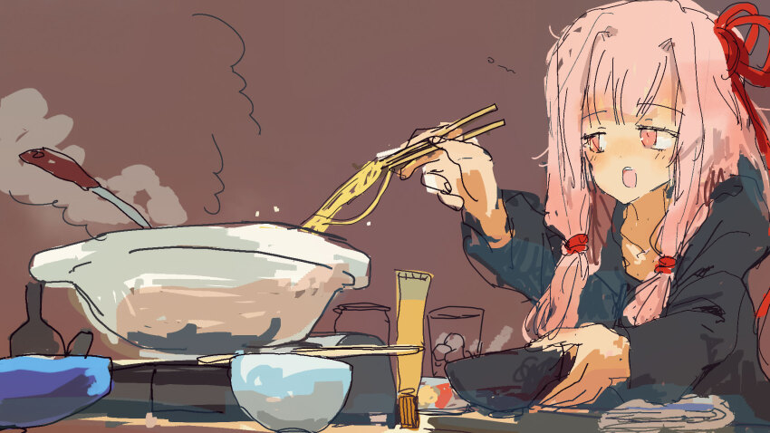 1girl :o alternate_costume black_hoodie blush bowl brown_background chopsticks commentary_request food hair_ribbon half-closed_eyes highres holding holding_bowl holding_chopsticks hood hood_down hoodie kabuyama_kaigi kotonoha_akane ladle long_hair long_sleeves low-tied_sidelocks nabe noodles open_mouth pink_eyes pink_hair red_ribbon ribbon sidelocks simple_background solo steam table upper_body voiceroid