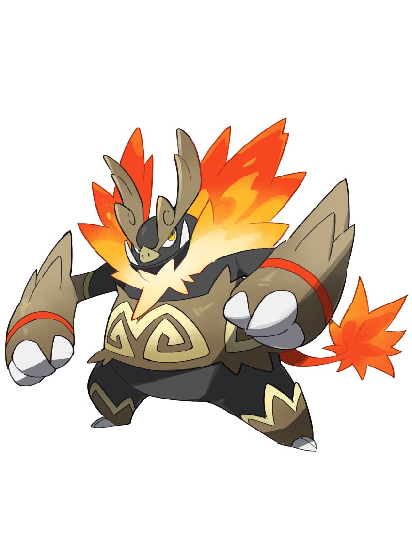 absurdres claws closed_mouth emboar fakemon full_body game_freak gen_5_pokemon highres lanjiujiu looking_up nintendo no_humans pokemon pokemon_(creature) pokemon_focus simple_background solo tusks white_background yellow_eyes