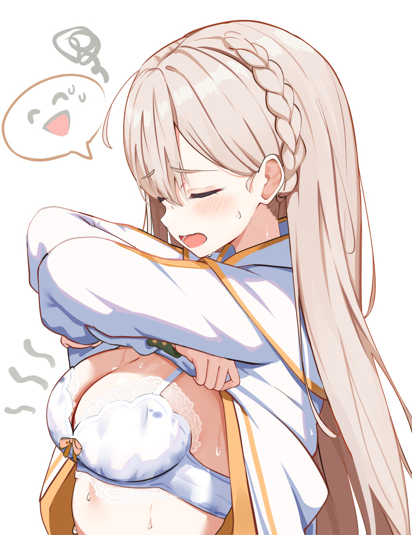 1girl absurdres april_aries bishop_(maplestory) bow bow_bra bra braid breasts brown_hair cape cleavage closed_eyes commentary_request crossed_arms frown highres lace lace-trimmed_bra lace_trim large_breasts lifting_own_clothes light_blush long_hair long_sleeves maplestory open_mouth profile robe robe_lift side_braid simple_background solo spoken_expression squiggle sweat underwear upper_body very_long_hair white_background white_bra white_cape white_robe