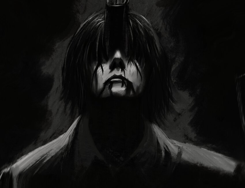 1boy absurdres black_background black_coat black_hair blood blood_from_mouth chainsaw_man closed_mouth coat covered_eyes crain1art dark facing_viewer greyscale gun_devil_(chainsaw_man) hayakawa_aki highres male_focus medium_hair monochrome portrait solo