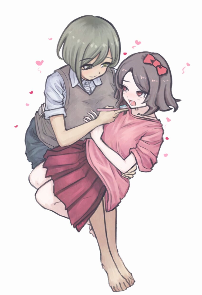2girls bow brown_hair brown_sweater_vest brushing_another&#039;s_teeth collared_shirt commentary_request dress_shirt ebizuka_tomo full_body girls_band_cry grey_hair hair_between_eyes hair_bow heart highres invisible_chair long_hair_between_eyes multicolored_hair multiple_girls open_mouth pink_shirt red_bow red_eyes red_skirt roots_(hair) rupa_(girls_band_cry) shirt short_hair short_sleeves simple_background sitting sitting_on_lap sitting_on_person skirt sweater_vest tomare_(akashingou) white_background white_shirt yuri