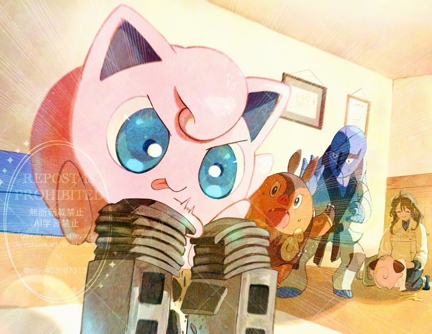 1girl :p aqua_eyes black_eyes ceiling cinder_block cleffa closed_mouth commentary_request emphasis_lines fangs gen_1_pokemon gen_2_pokemon gen_5_pokemon headpat highres indoors jacket jigglypuff karate kneeling long_hair looking_down nintendo open_mouth pants petting pignite piyokonoenikki_04 pokemon pokemon_(creature) sawk smile socks sparkle sweat tongue tongue_out watermark