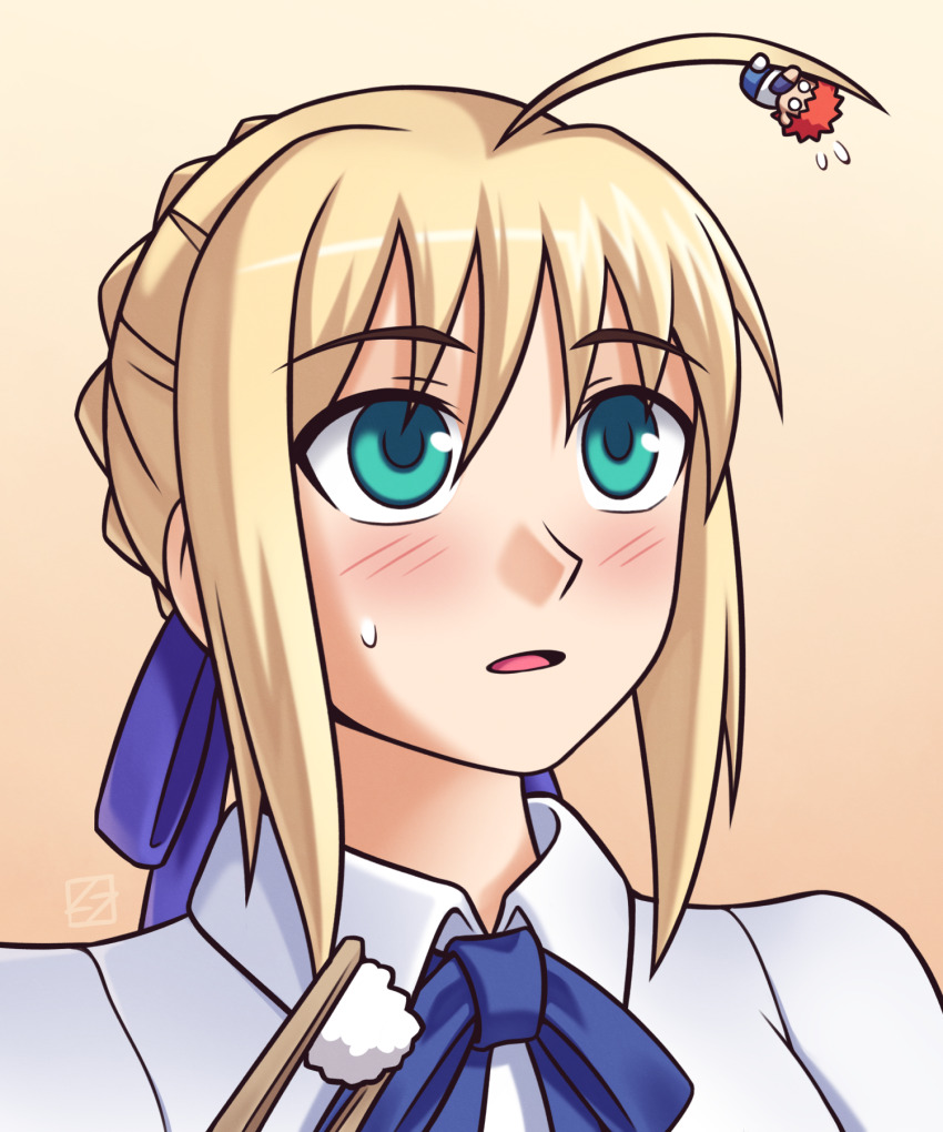 1boy 1girl ahoge aqua_eyes artoria_pendragon_(fate) blonde_hair blue_ribbon blush chibi chopsticks collar commentary emiya_shirou english_commentary fate/stay_night fate_(series) flying_sweatdrops giant giantess gradient_background hair_ribbon highres mini_person miniboy orange_hair parted_lips ribbon rice saber_(fate) shirt signature simple_background size_difference sweatdrop takeuchi_takashi_(style) thunderafterdark upper_body watermark white_collar white_shirt